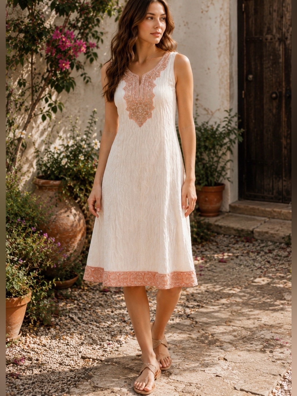 Handmade Boho Hand Beaded Embroidered Bridal Tunic Dress White Pink Silver Midi